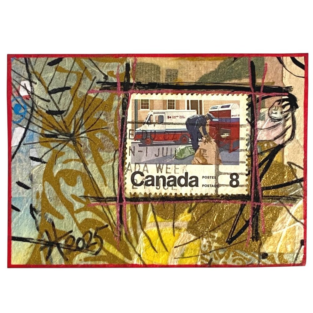 ACEO Original Art Acrylic Collage 1974 Mail Carrier Canada Postage Stamp ATC